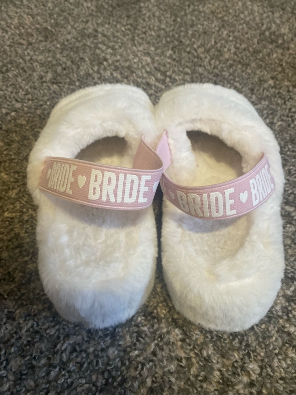 BRIDE Pink Strap White Faux Fur Bridal Slippers